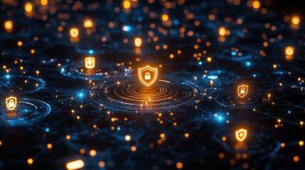 Poster - Digital Network with Glowing Shield and Lock Illustrating Security Concepts
