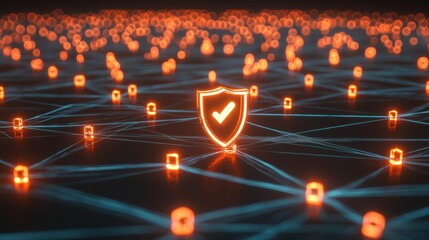 Poster - Glowing Shield Symbol with Lock Icon in Complex Web Network Background