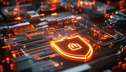 Poster - Glowing Shield and Lock Symbol Protecting Network Connections in Digital Space