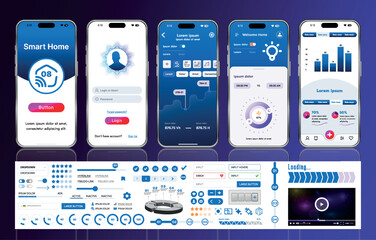 Poster - a set of ui ux elements for smart home management mobile apps: an interface with buttons, panels, gr