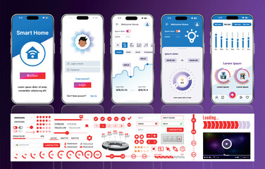 Poster - a set of ui ux elements for smart home management mobile apps: an interface with buttons, panels, gr