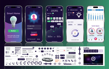 Poster - a set of ui ux elements for smart home management mobile apps: an interface with buttons, panels, gr