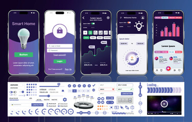 Poster - a set of ui ux elements for smart home management mobile apps: an interface with buttons, panels, gr