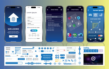 Poster - a set of ui ux elements for smart home management mobile apps: an interface with buttons, panels, gr