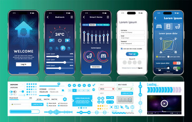 Poster - a set of ui ux elements for smart home management mobile apps: an interface with buttons, panels, gr