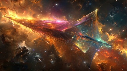 Poster - Explore a vibrant angular spaceship enhanced by intense light in a mesmerizing vortex, showcasing a stunning fusion of colors and cosmic elements.