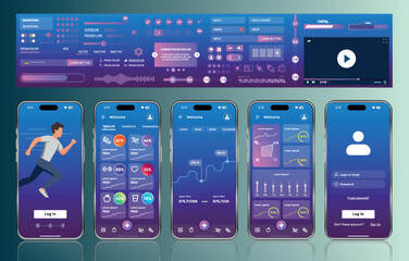 Fototapete - A sleek fitness app interface template featuring responsive design elements, including dashboards, charts, and statistics. Perfect for tracking health, weekly progress, and sports activities