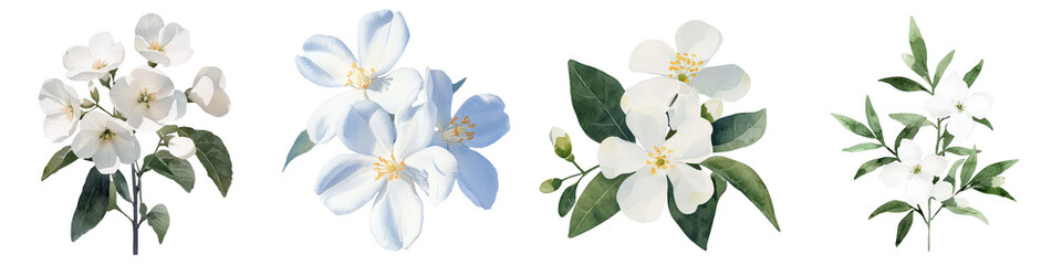 Aufkleber - Jasmine flowers and a white flower are illustrated in watercolor style on a white background, ideal for incorporation into invitations, cards, and various design applications