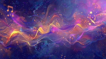 Poster - This vibrant abstract image features flowing swirls of purple, blue, and gold, creating a serene and dreamy atmosphere perfect for backgrounds or decorative use.