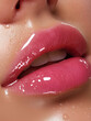 © Atlantis - Close-up of wet shiny pink lips showing perfect lip makeup