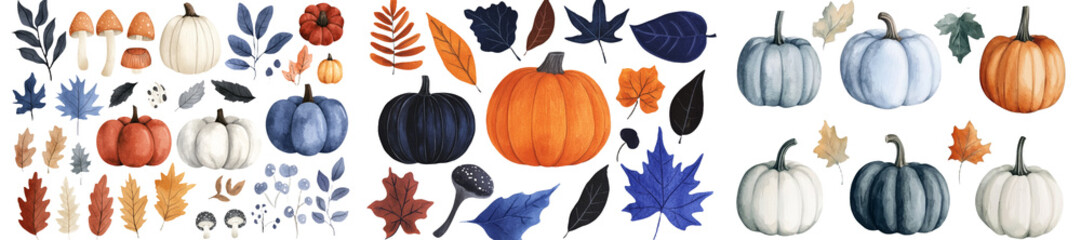Poster - A vintage Fall botanical clipart set, hand-painted with watercolor elements, including a pumpkin, flowers, and tree leaves