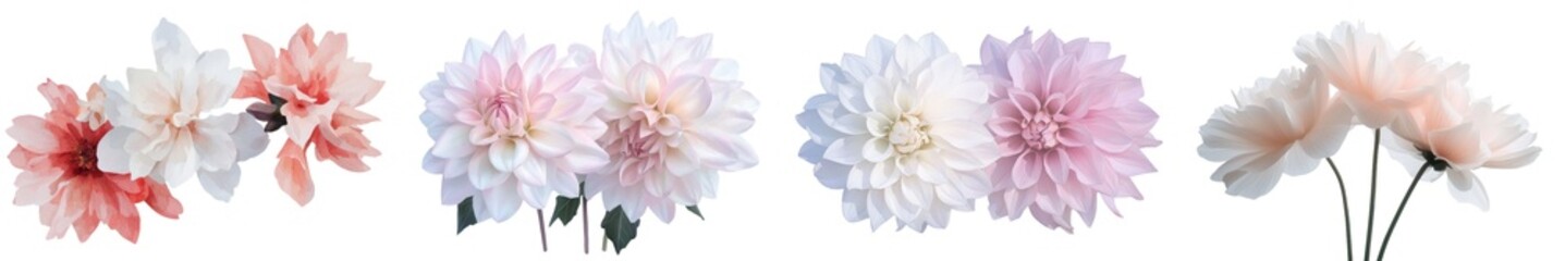 Aufkleber - Beautiful blooming flowers, specifically dahlia, are illustrated in a watercolor botanical painting set against a white background