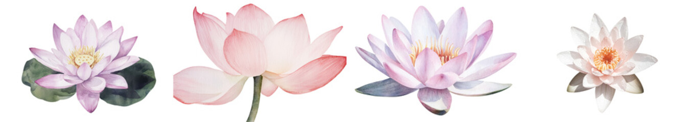 Aufkleber - On a simple white background, a watercolor illustration showcases a pink lotus flower and a water lily, exemplifying botanical flora art