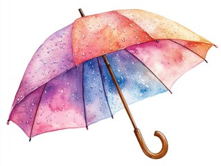 Poster - Colorful Soft Watercolor Umbrella with Raindrops and Curved Handle, Flash cards for kids