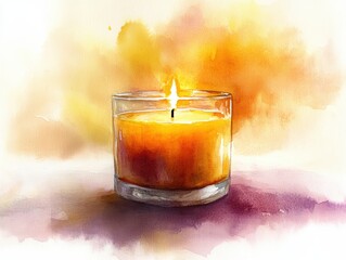 Poster - Warm Watercolor Candle in Glass Holder with Soft Glow and Gentle Ambiance, Flash cards for kids