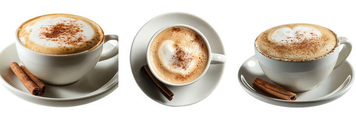 Poster - Against a white background, a cappuccino coffee in a dark grey granite textured cup, topped with cinnamon, is illustrated as flying in isolation, perfect for a card advertising a pastry shop or cafe