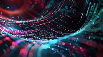 Poster - abstract picture micro light sparkling particle represent data flow vivid flowing wave with high tec