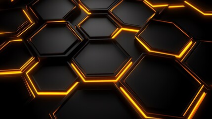 Poster - Black Hexagon Grid with Glowing Orange Lines: Abstract Geometric Art