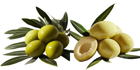 Poster - On a transparent background, an arrangement of olives and leaves has been generated using Generative Ai