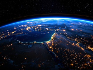 earth from space at night with glowing city lights and atmosphere. a creative cosmic background emph