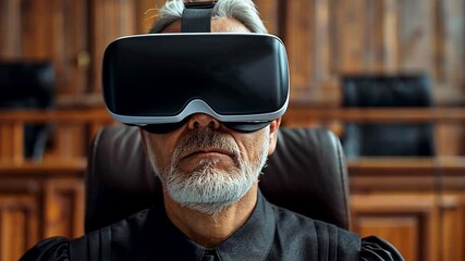Poster - Judge using virtual reality technology during trial proceedings in a modern courthouse setting