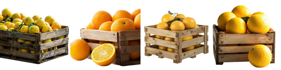 Poster - Oranges packed in a wooden crate basket, isolated and set against a transparent background, generated using Ai
