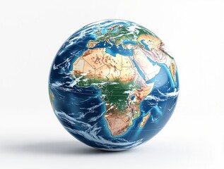 globe featuring a detailed topographic map with terrain, water, and weather patterns on a white back