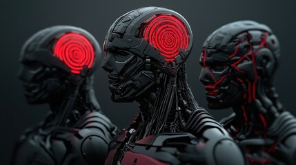Poster - Three futuristic robots with intricate designs and glowing red neural patterns face forward against a dark background.