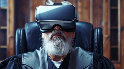 Poster - Virtual reality transforms judiciary processes with a judge in a courtroom wearing VR headset