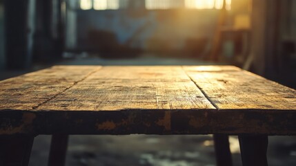 Poster - A close-up view of a rustic wooden table in an abandoned space, illuminated by warm sunlight, showcasing a serene atmosphere and inviting texture.
