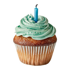 Poster - The image depicts a solitary blue cupcake with a lit birthday candle, isolated on a transparent background, made possible by Generative Ai