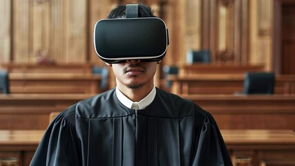 Poster - Judge utilizing virtual reality technology in a courtroom setting for innovative trial procedures