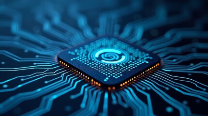 Poster - Technological Marvel: A close-up shot of a microchip embedded within a network of interconnected circuitry, an emblem of modern technology and data processing.