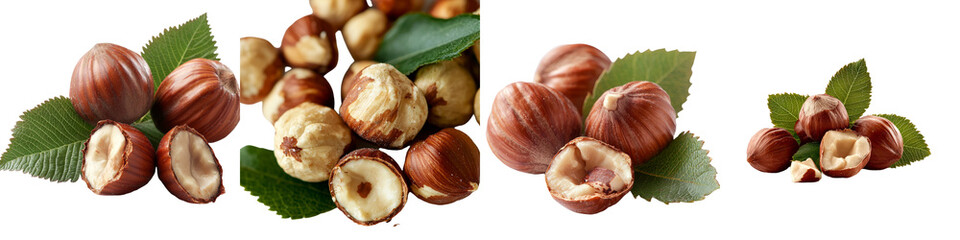 Poster - Hazelnuts accompanied by a green leaf, isolated and set against a transparent background, are a creation of Generative Ai
