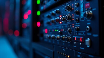 Poster - Server Room: A close-up shot of a server room, highlighting intricate technological hardware and vibrant lights. A testament to digital infrastructure.