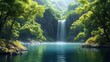 © cik - Scenic cascade tumbles into a serene pool amid lush green forests