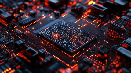 Poster - A stunning close-up of a circuit board featuring intricate designs and glowing red elements against a dark background, showcasing modern technology and innovation.