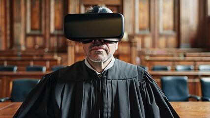 Poster - Virtual reality judge engaging in a trial in a modern courtroom setting