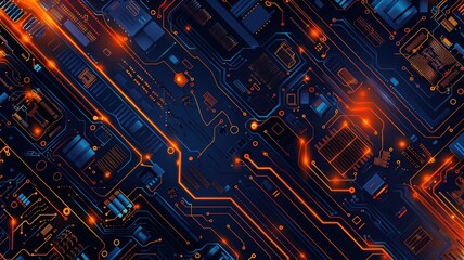 Poster - This striking background features a dynamic navy and orange gradient, showcasing intricate circuit patterns. Ideal for technology-themed projects or modern design.