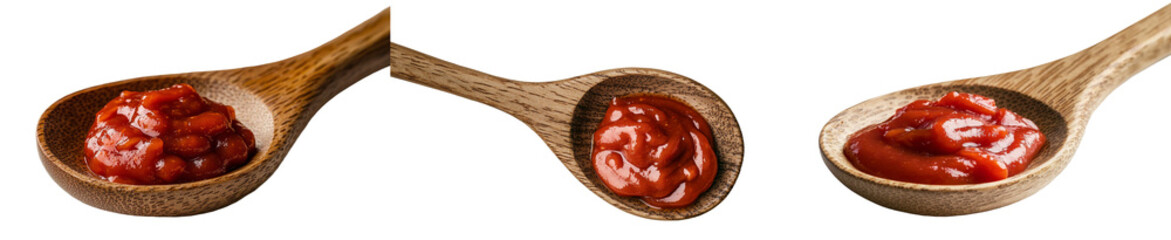 Poster - A wooden spoon filled with ketchup or tomato sauce is presented on a clean white background