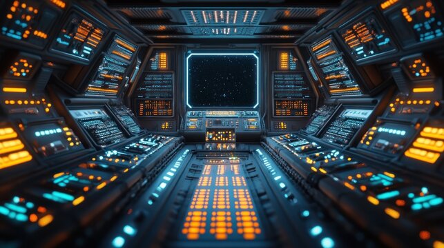 Futuristic Spaceship Bridge: A 3D Render of a Sci-Fi Cockpit