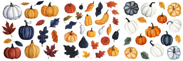 Poster - An isolated watercolor illustration featuring a pumpkin, autumn leaves, and berries, designed for use on Thanksgiving cards or posters, highlighting the vegetable pumpkin