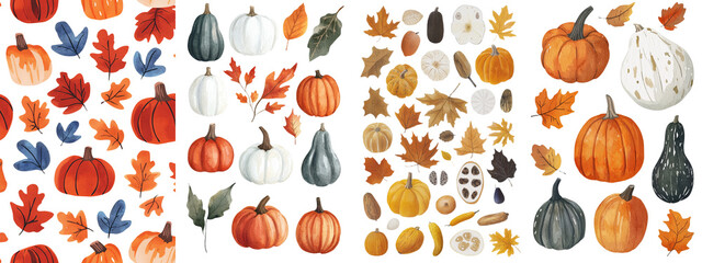 Poster - Autumn is captured in a watercolor clipart featuring a set of ripe, colorful pumpkins and maple leaves, all isolated on a white background