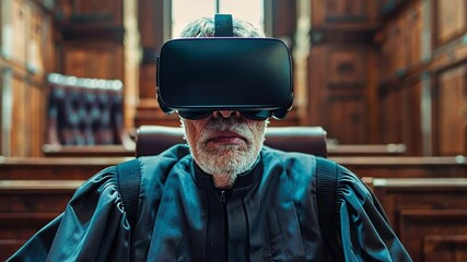 Poster - Virtual reality judge using advanced technology in a modern courtroom setting during a simulated trial