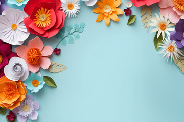 Fototapete - Colorful handmade papercut flowers on light blue background, generative ai
