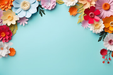Fototapete - Colorful handmade papercut flowers on light blue background, generative ai
