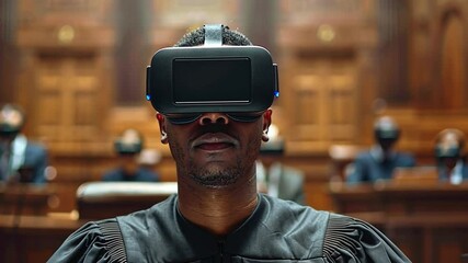 Poster - Virtual reality judge presiding over a trial in an augmented courtroom setting with technology integration