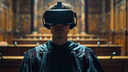 Poster - Judge explores virtual trial experiences using advanced technology in a modern court setting