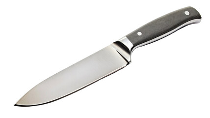 Large sharp kitchen knife with black handle on transparent background