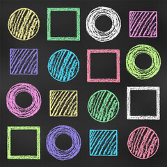 Wall Mural - Children's Chalk Drawn Sketch. Set of Design Elements Colorful Geometric Figures Isolated on Chalkboard Backdrop.